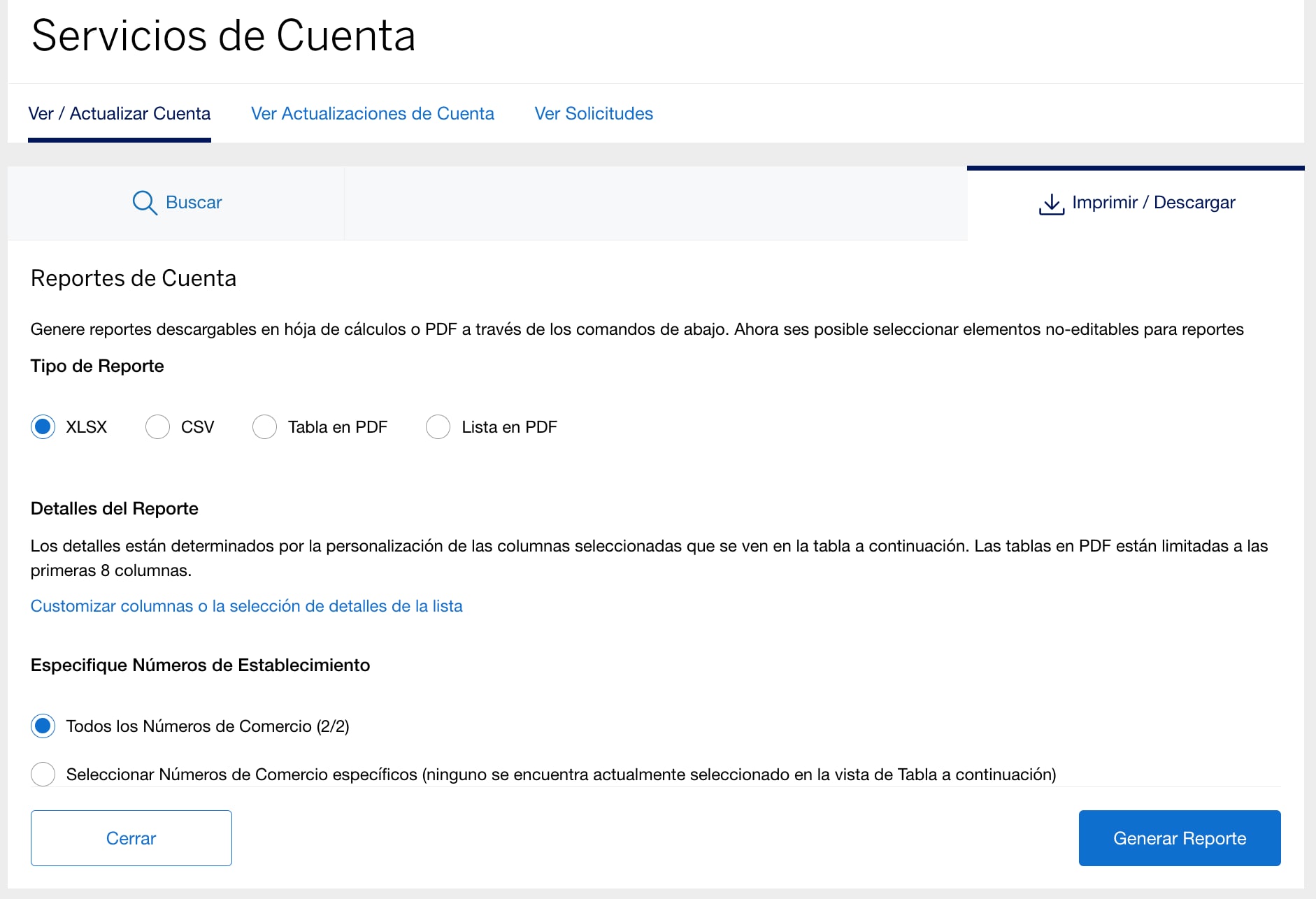 Screenshot of option to print or download account reports