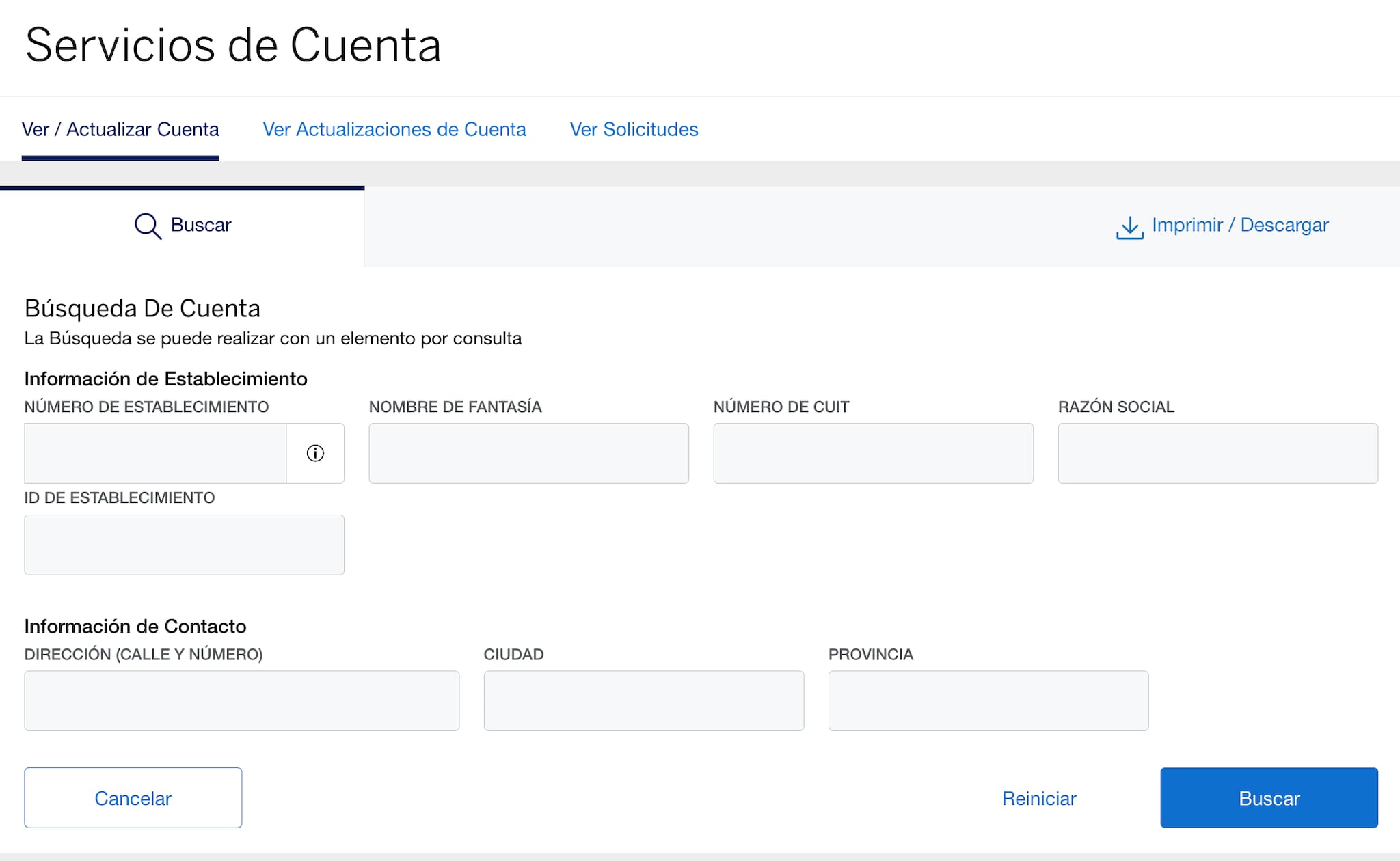 Screenshot of searching for account information