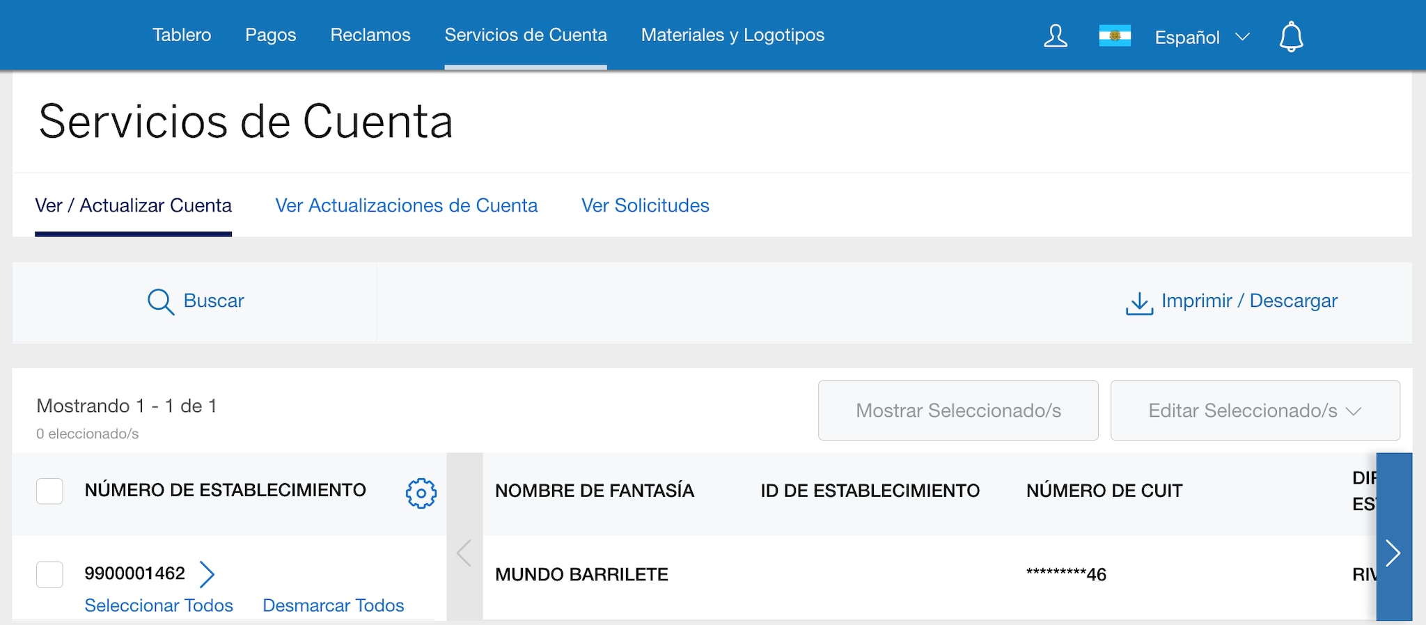 Screenshot of the View/Update tab under Account Services
