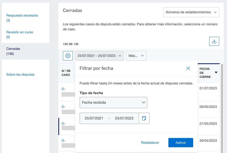 Screenshot of filtering closed disputes by date