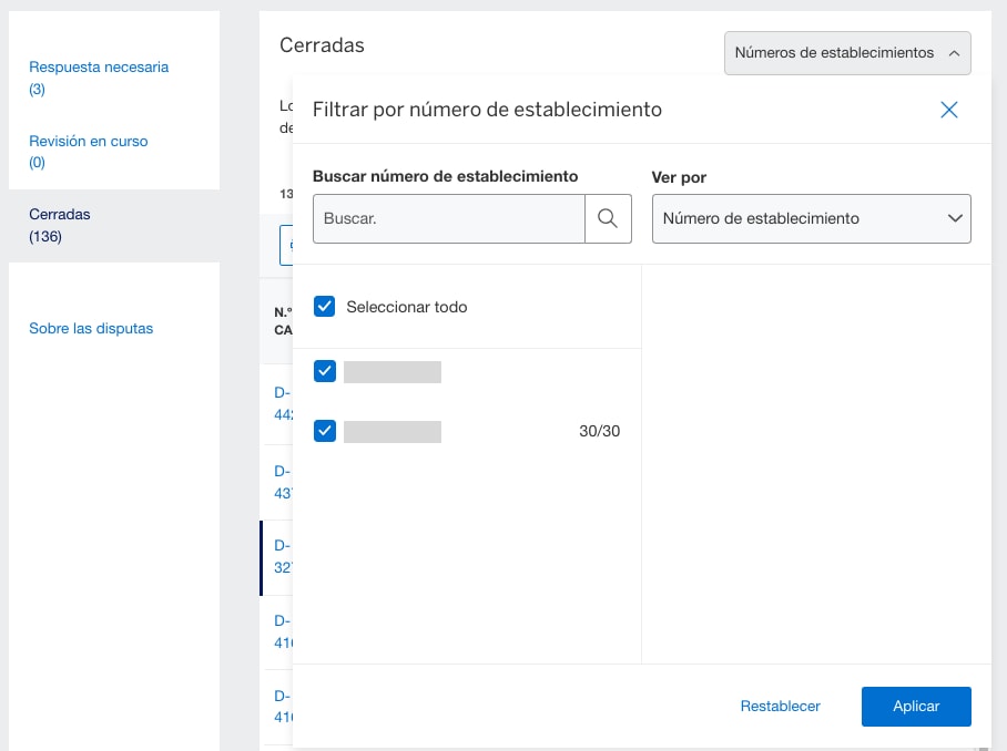 Screenshot of filtering closed disputes by Merchant ID