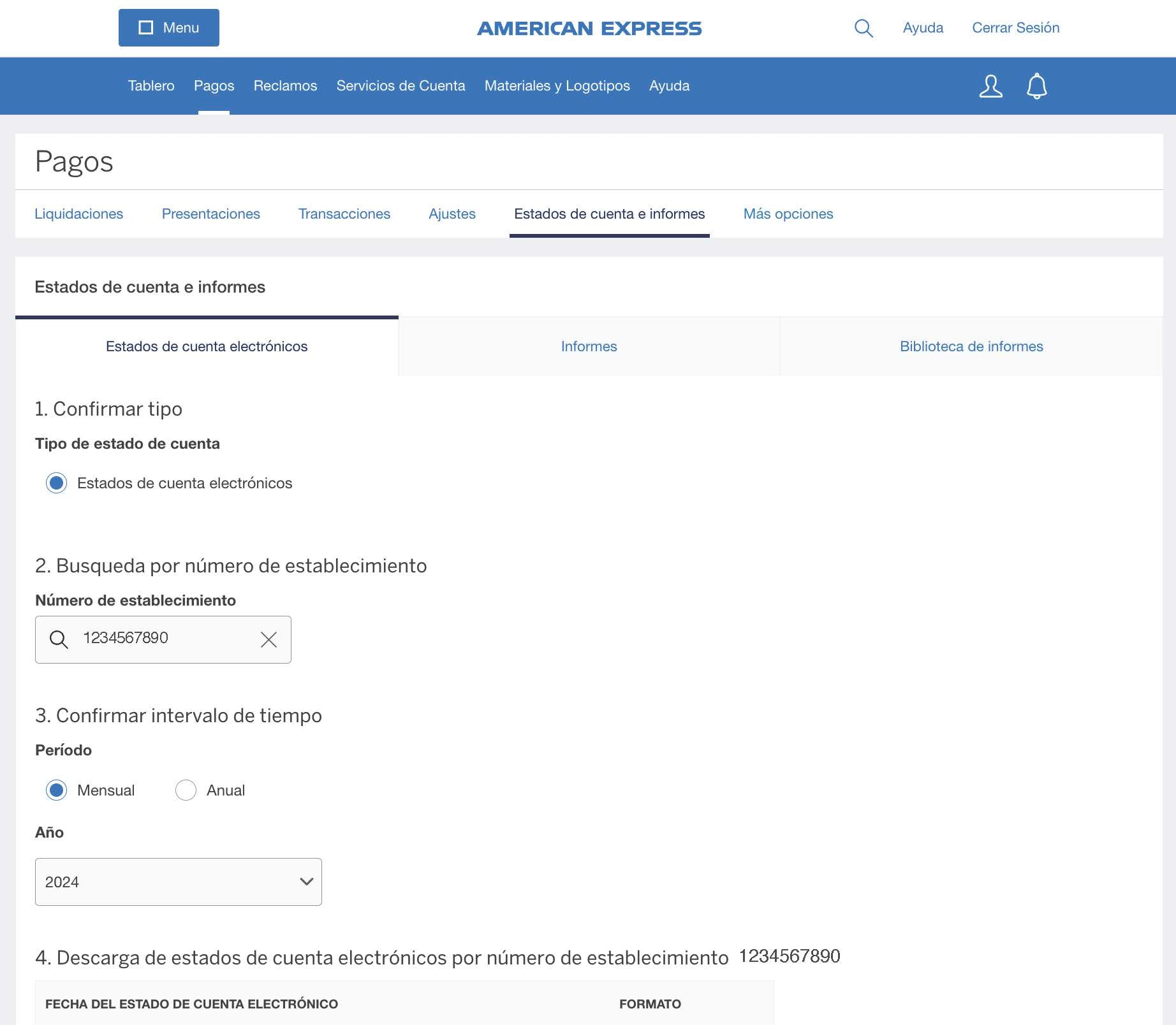 Screenshot of options for downloading E-Statements