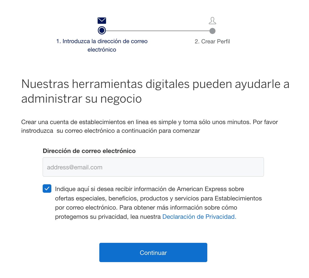 Screenshot of registration page