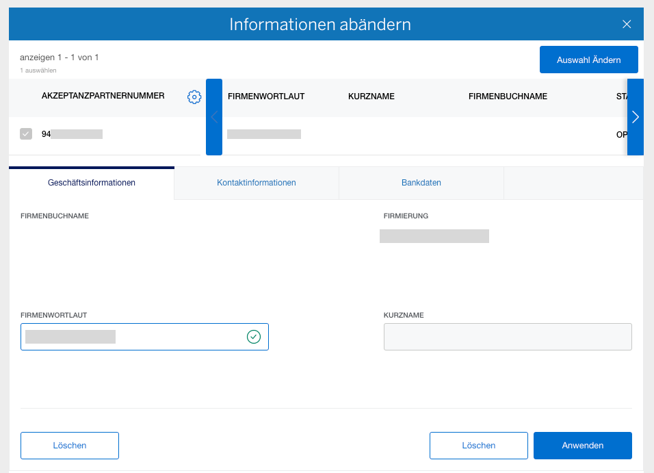 Screenshot of editing Business Information