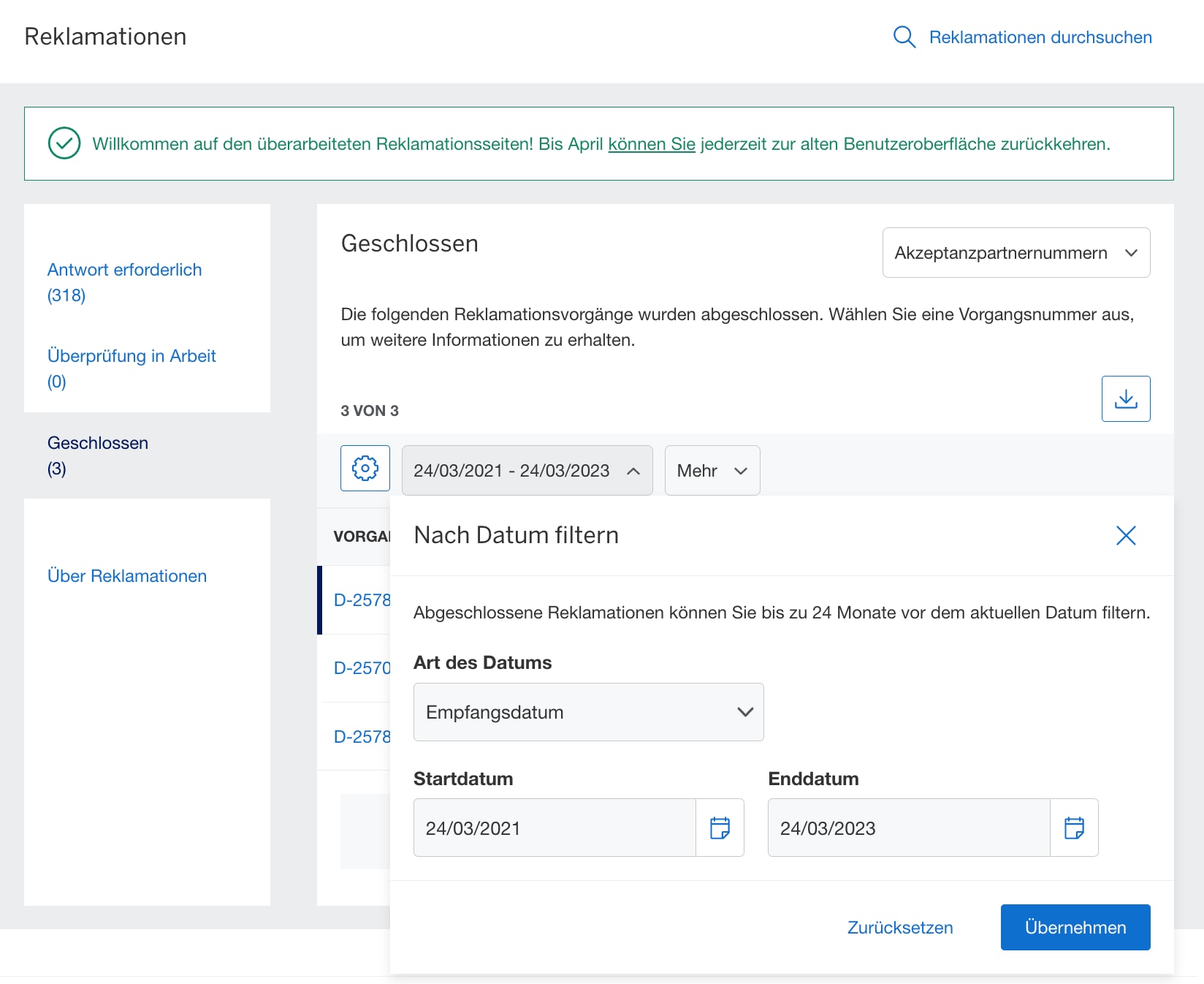 Screenshot of filtering dispute by the closed date
