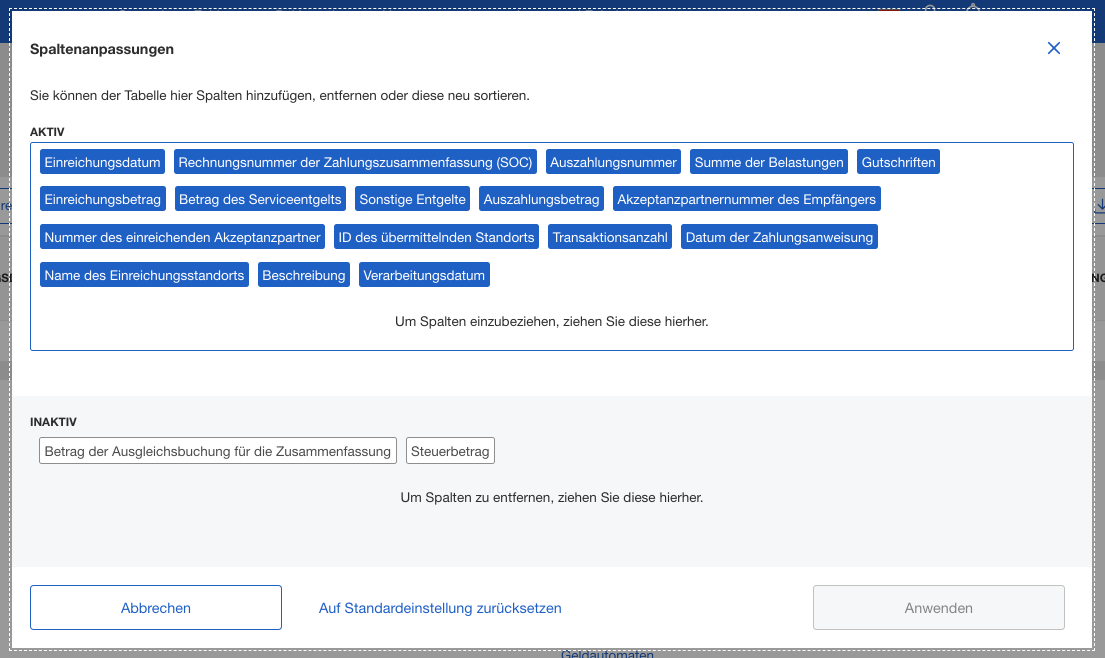 Screenshot of column customization options