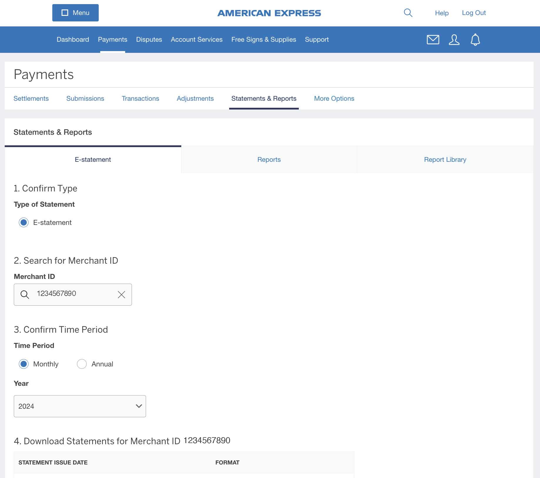 Screenshot of options for downloading E-Statements
