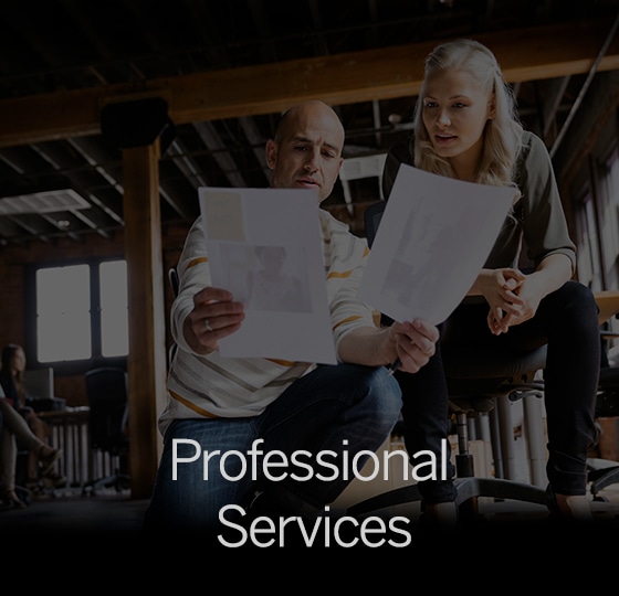  Male and female contemplating two design options. Text over image - Professional Services.