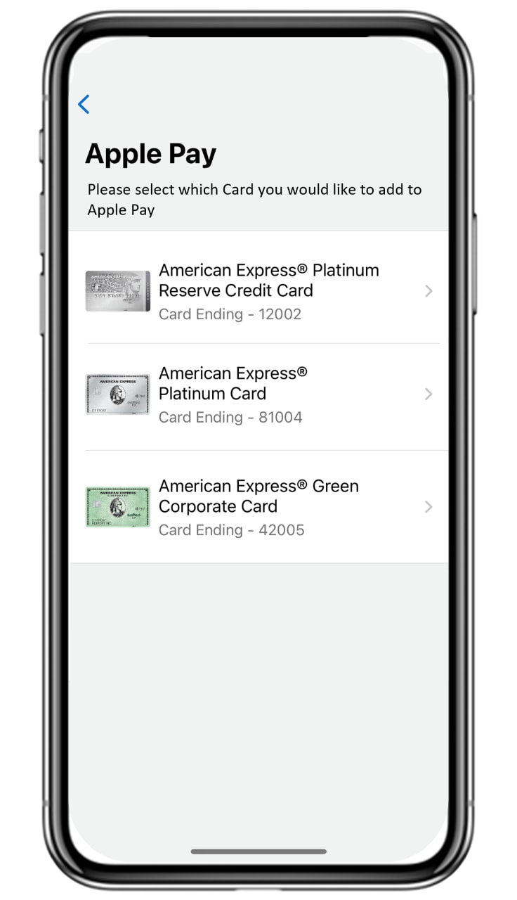 Set up via Amex App - Step 2 - Screen print of an Apple device