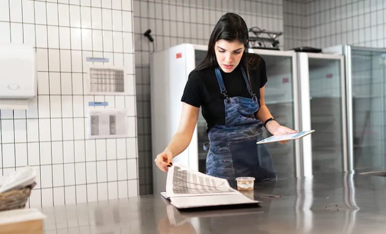 Small business owner looking at charts with tablet device in hand