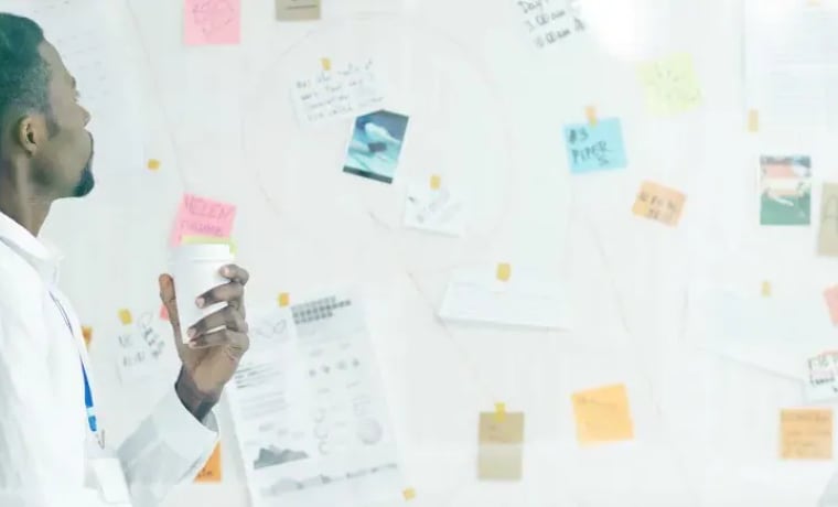 Small business owner looking at whiteboard with post-it notes during brainstorming session
