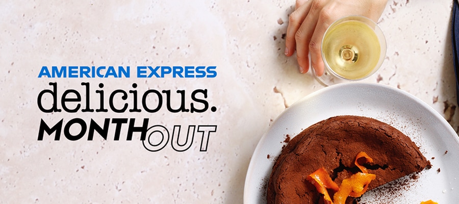 delicious. Month Out graphic with overhead picture of food and a drink on a table