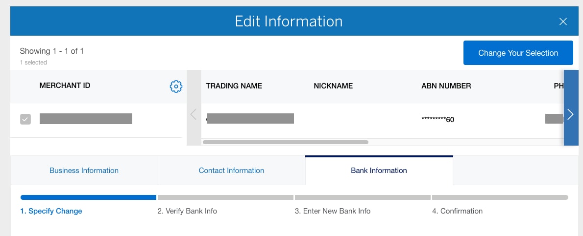 Screenshot of Step 1 options to edit Bank information