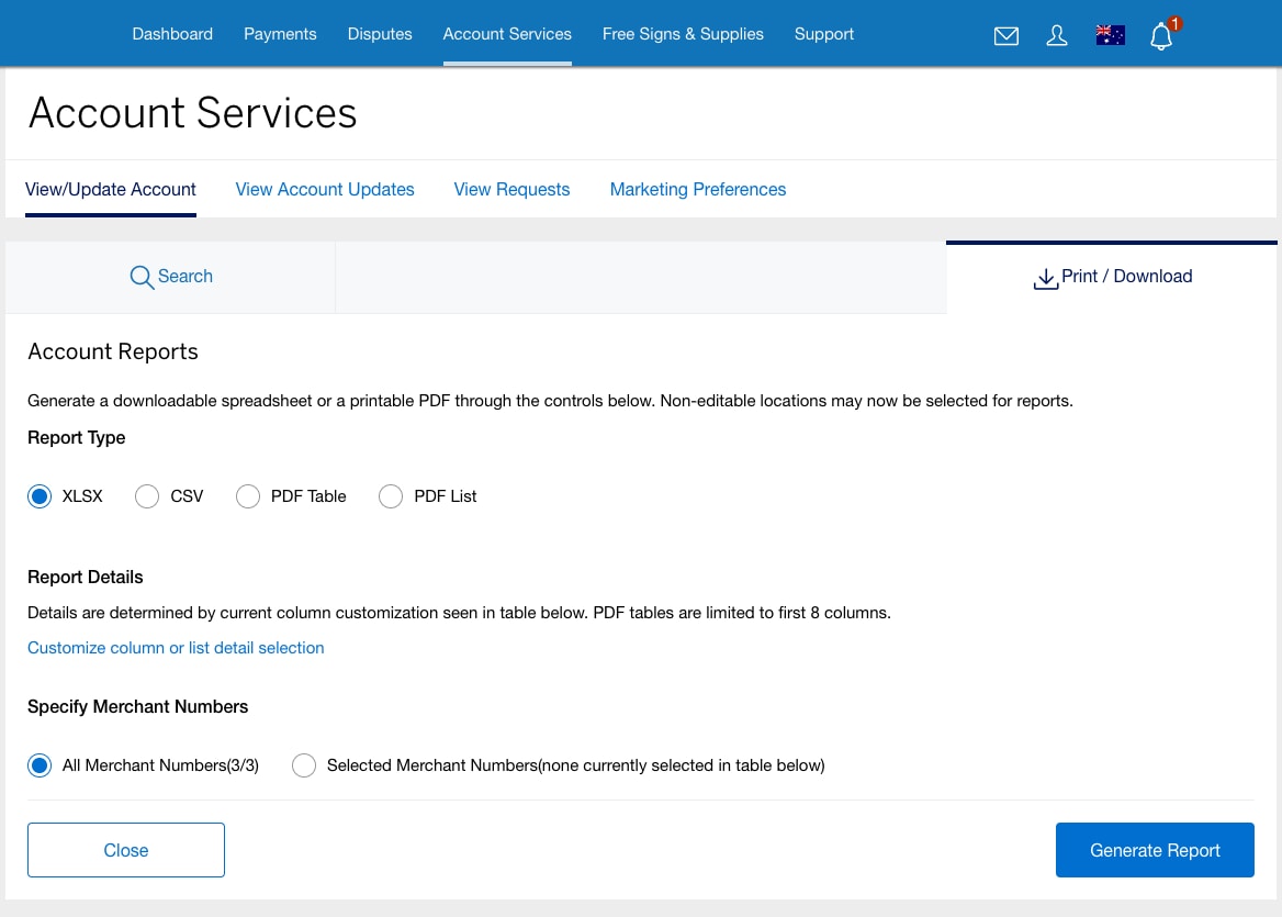 Screenshot of option to print or download account reports