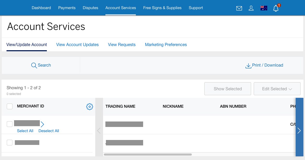 Screenshot of the View/Update tab under Account Services