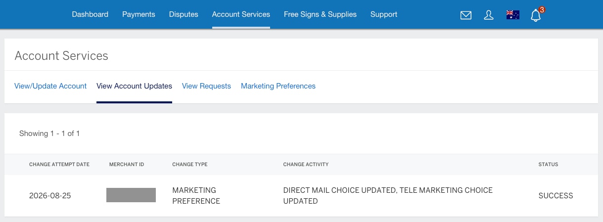 Screenshot of the View Account Updates tab
