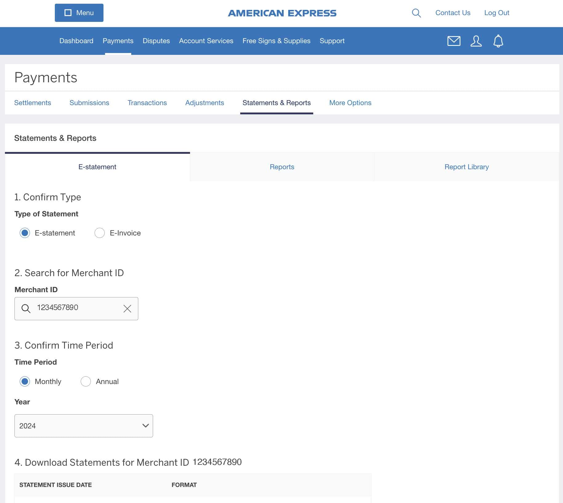 Screenshot of options for downloading E-Statements
