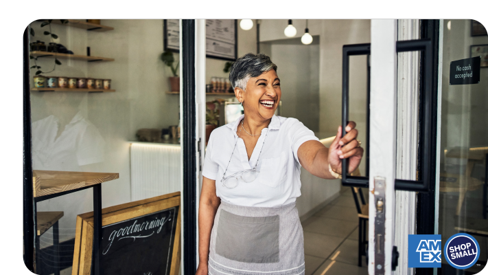  Logo saying “Shop Small with American Express” next to an image of a family enjoying a meal at their local restaurant. 