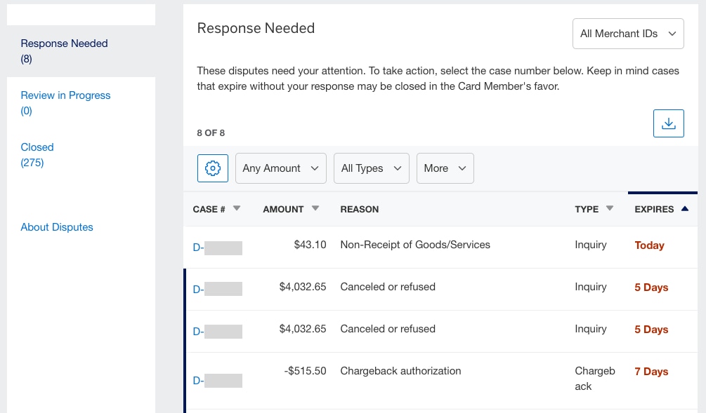 Screenshot of the Disputes Summary view