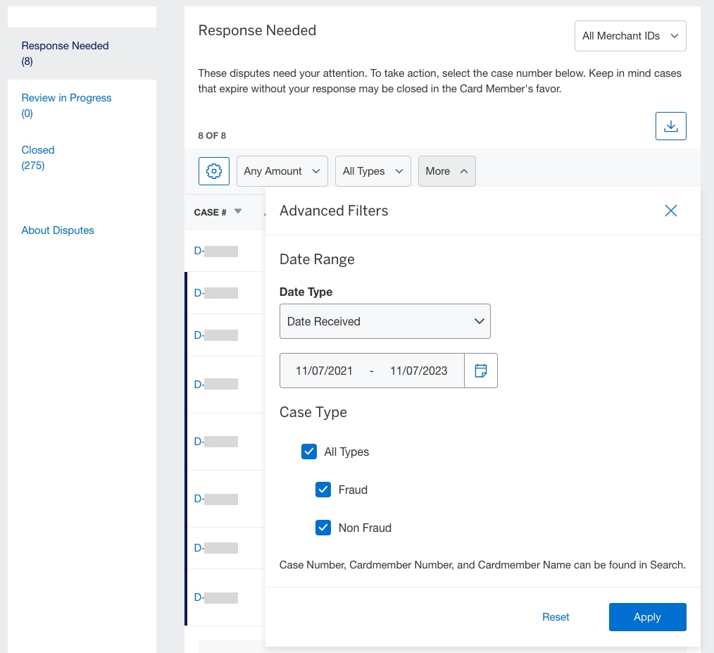 Screenshot of "More" dropdown for additional filter options