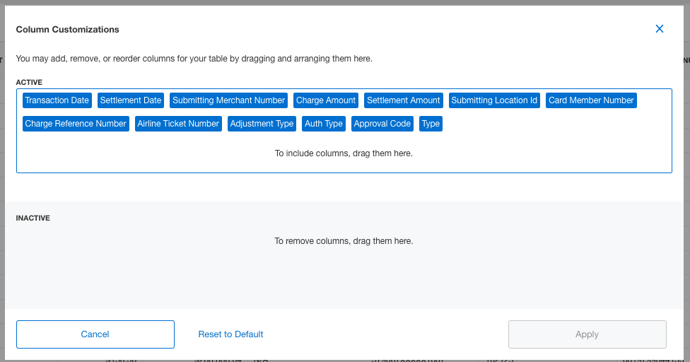 Screenshot of column customization options