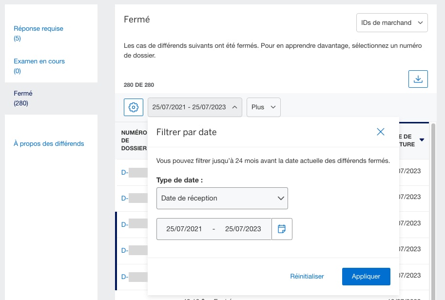 Screenshot of filtering closed disputes by date