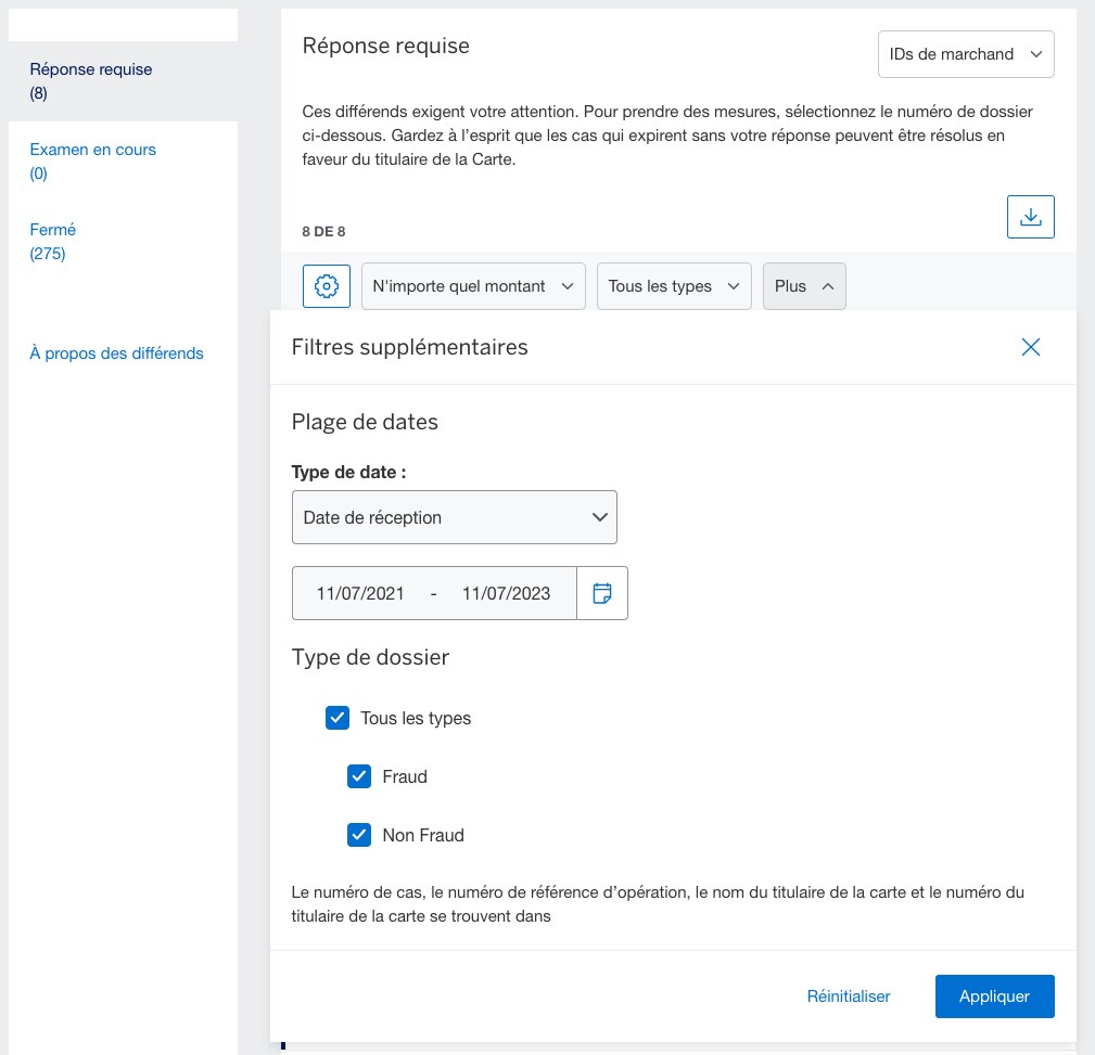 Screenshot of "More" dropdown for additional filter options