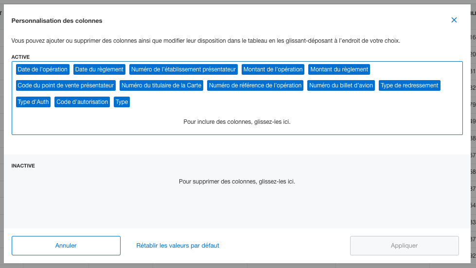 Screenshot of column customization options