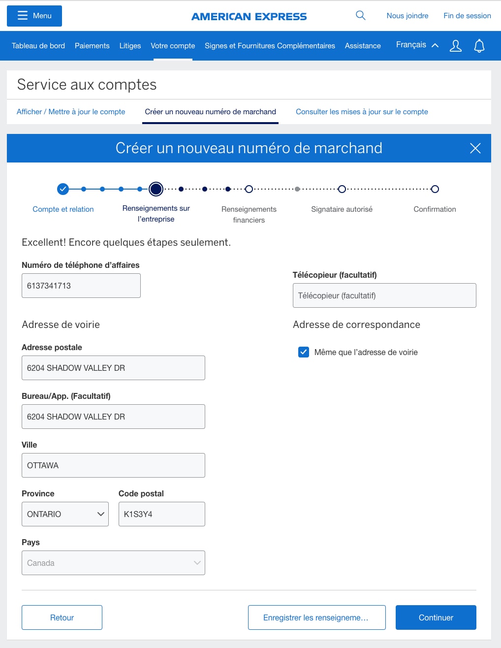 Screenshot for inputting additional business information