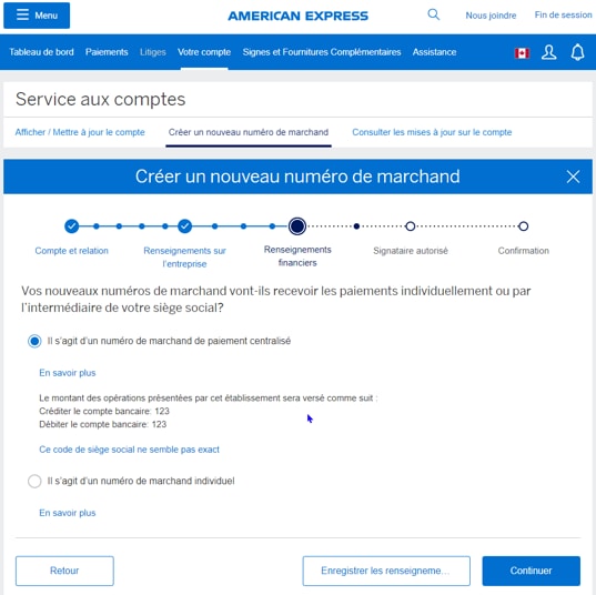 Screenshot of page when selecting a Central Pay Merchant ID