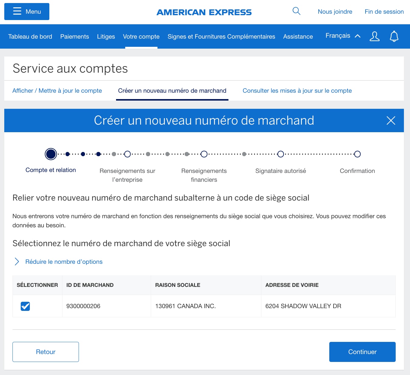 Screenshot of selecting Headquarter Merchant ID