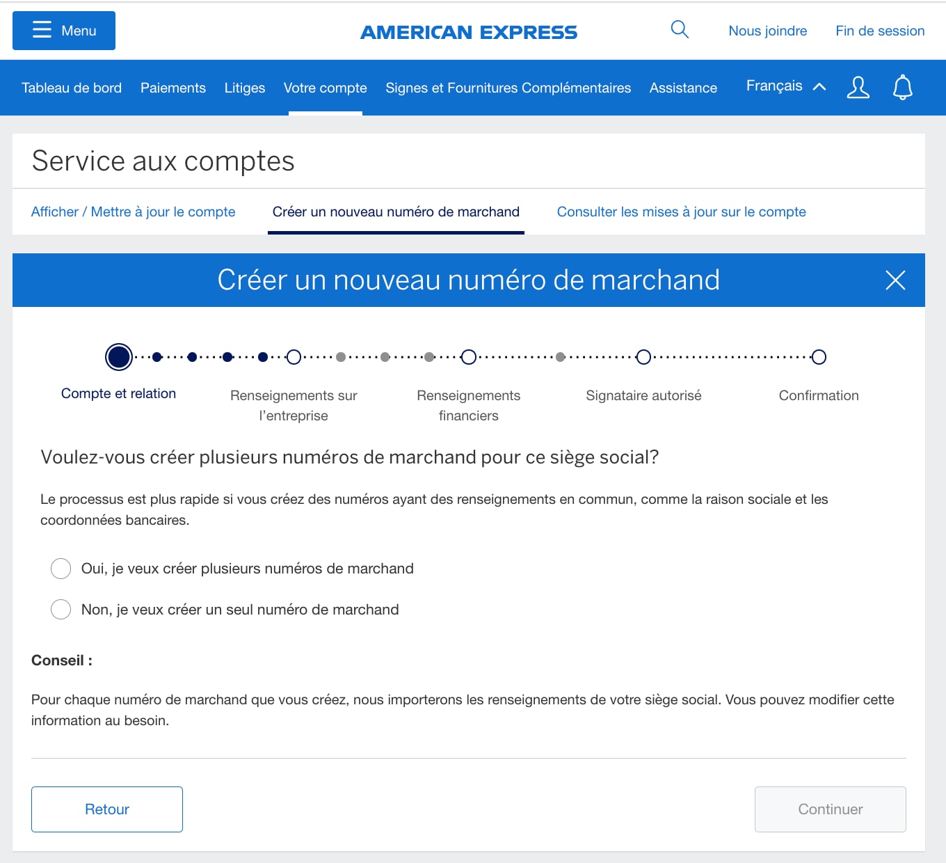 Screenshot of option to create a single merchant ID or multiple