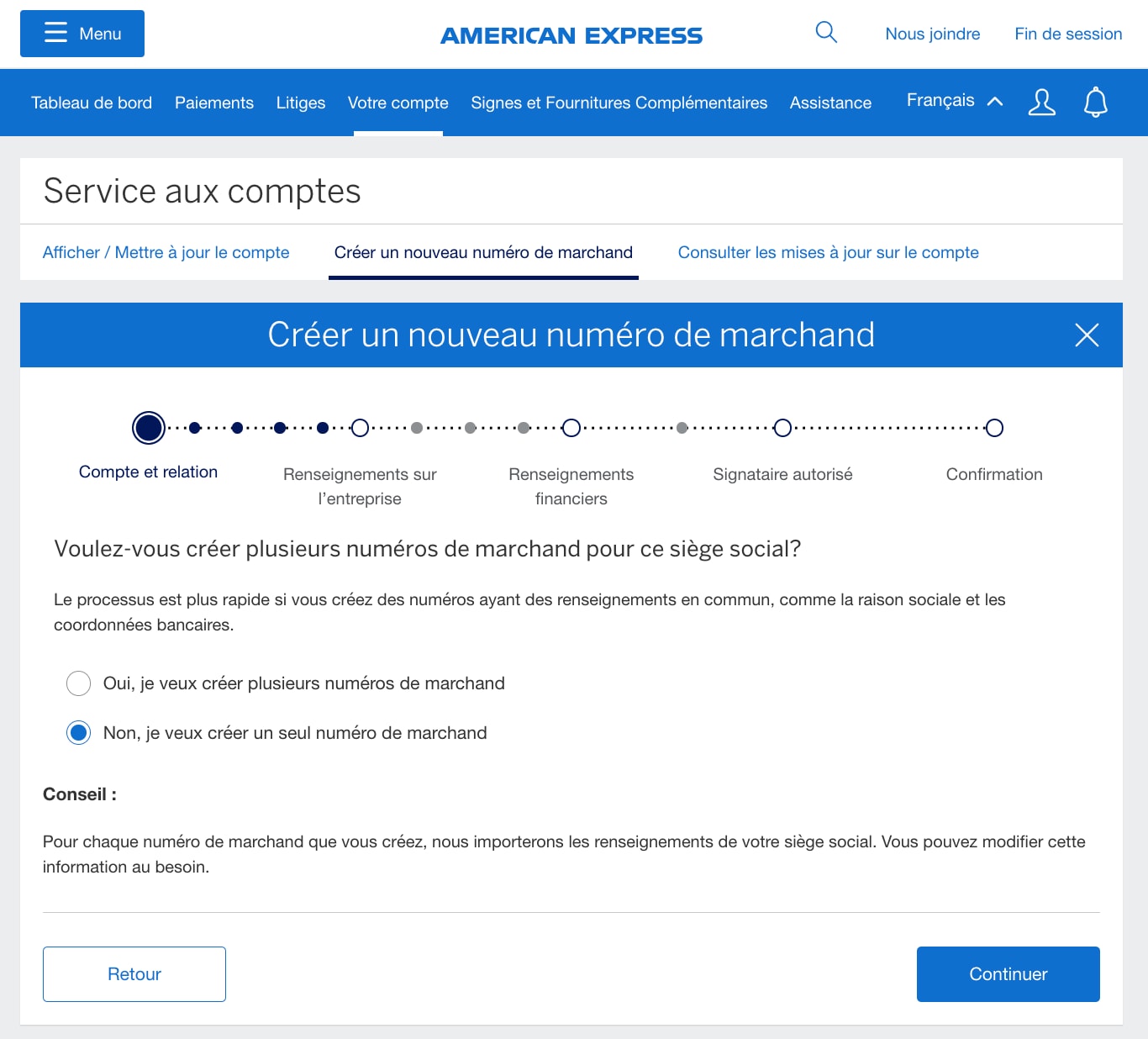 Screenshot of selection to create a single Merchant ID