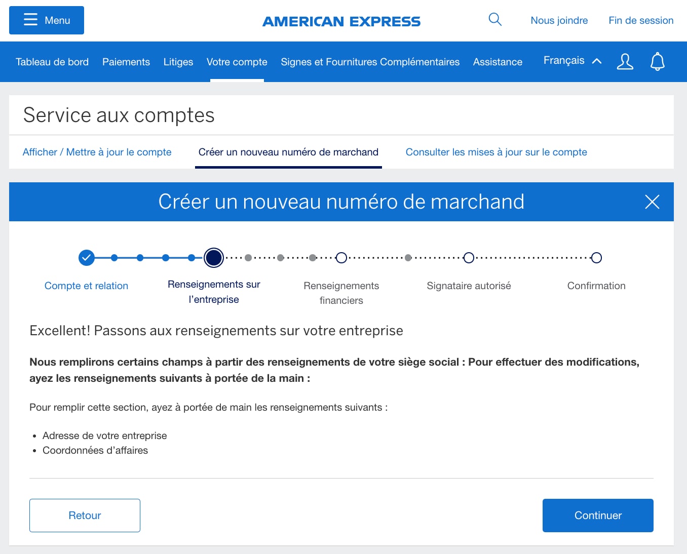 Screenshot of next step in process to input business information
