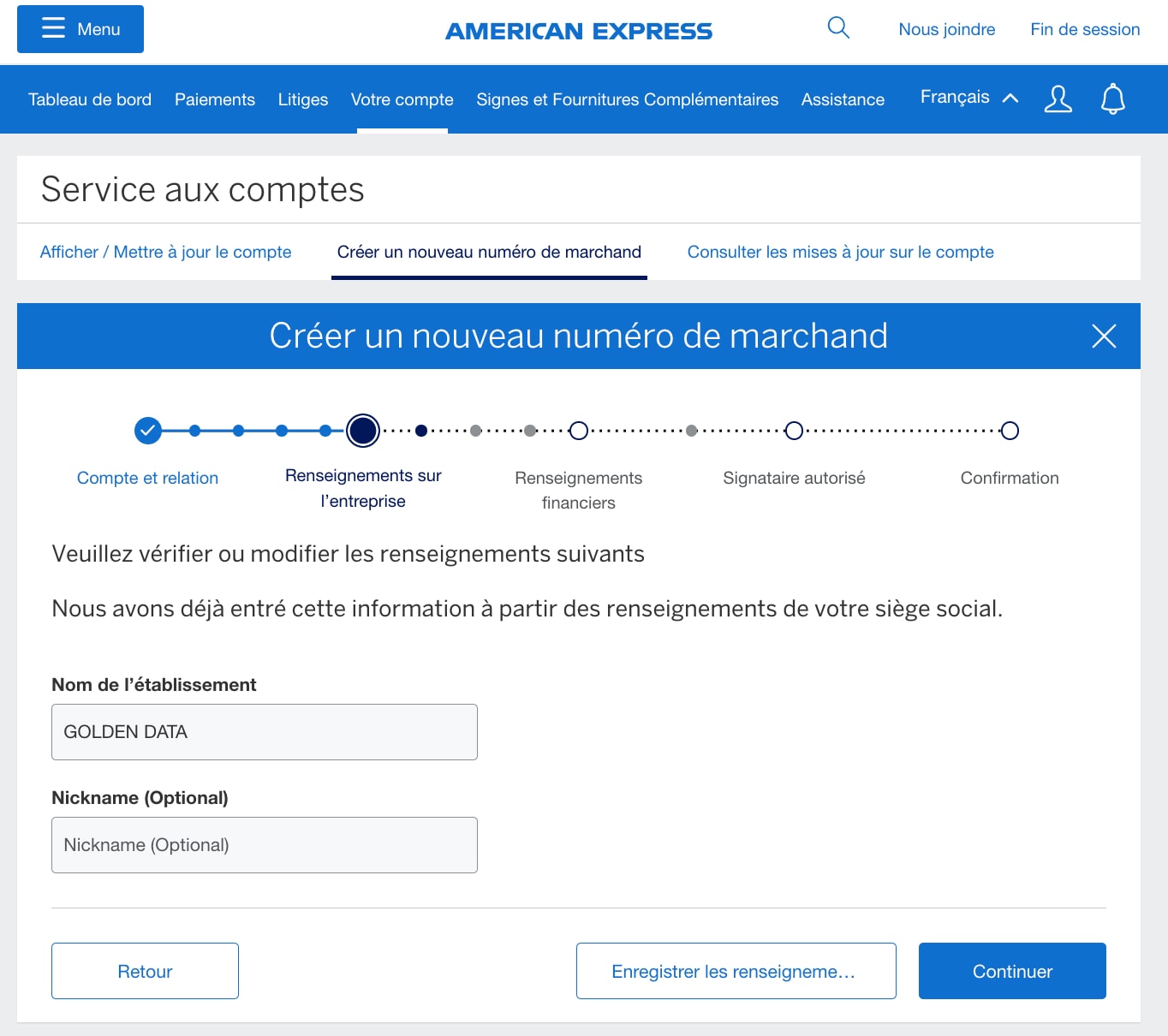 Screenshot of page to input business information