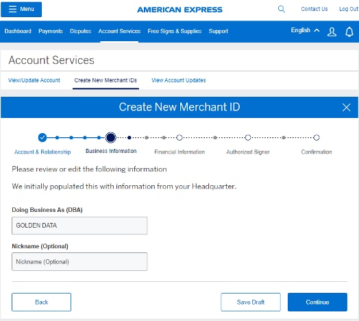 Screenshot of page to input business information