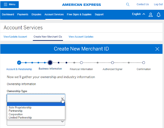 Screenshot of ownership type options when inputting business information