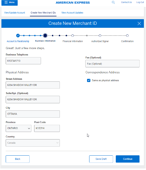 Screenshot for inputting additional business information