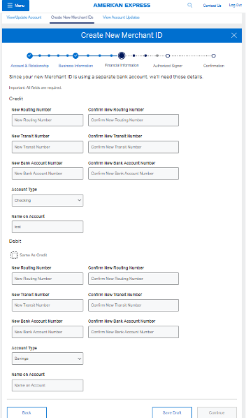 Screenshot of financial information needed if it is an individual Pay Merchant ID