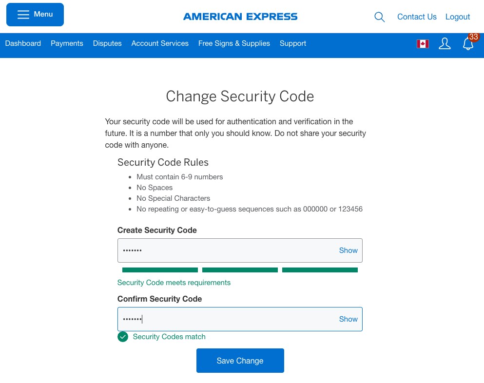 Screenshot of Change Security Code page and input screen for new security code