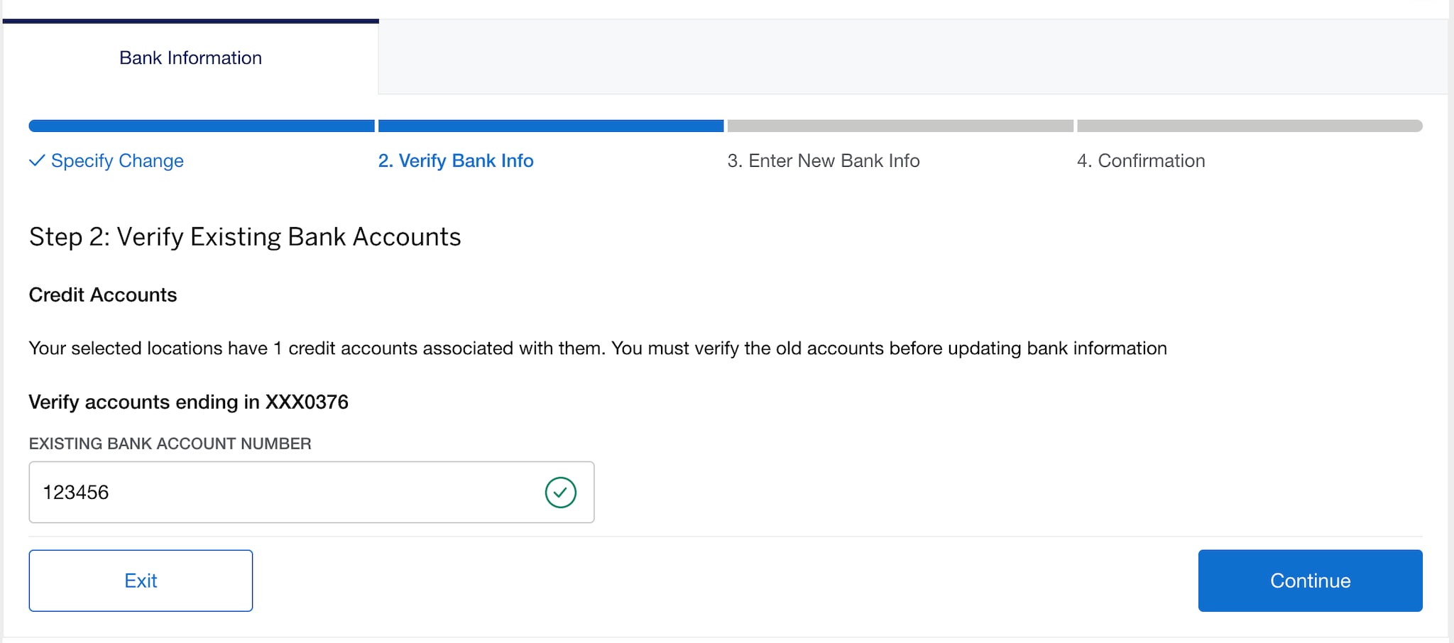 Screenshot of Step 2: Verifying Bank information
