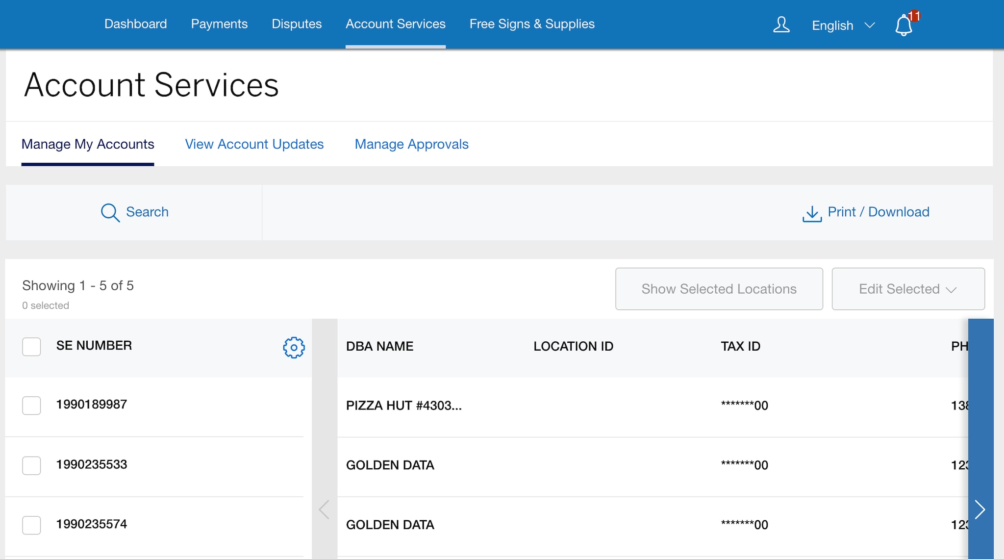 Screenshot of default table view in Account Services