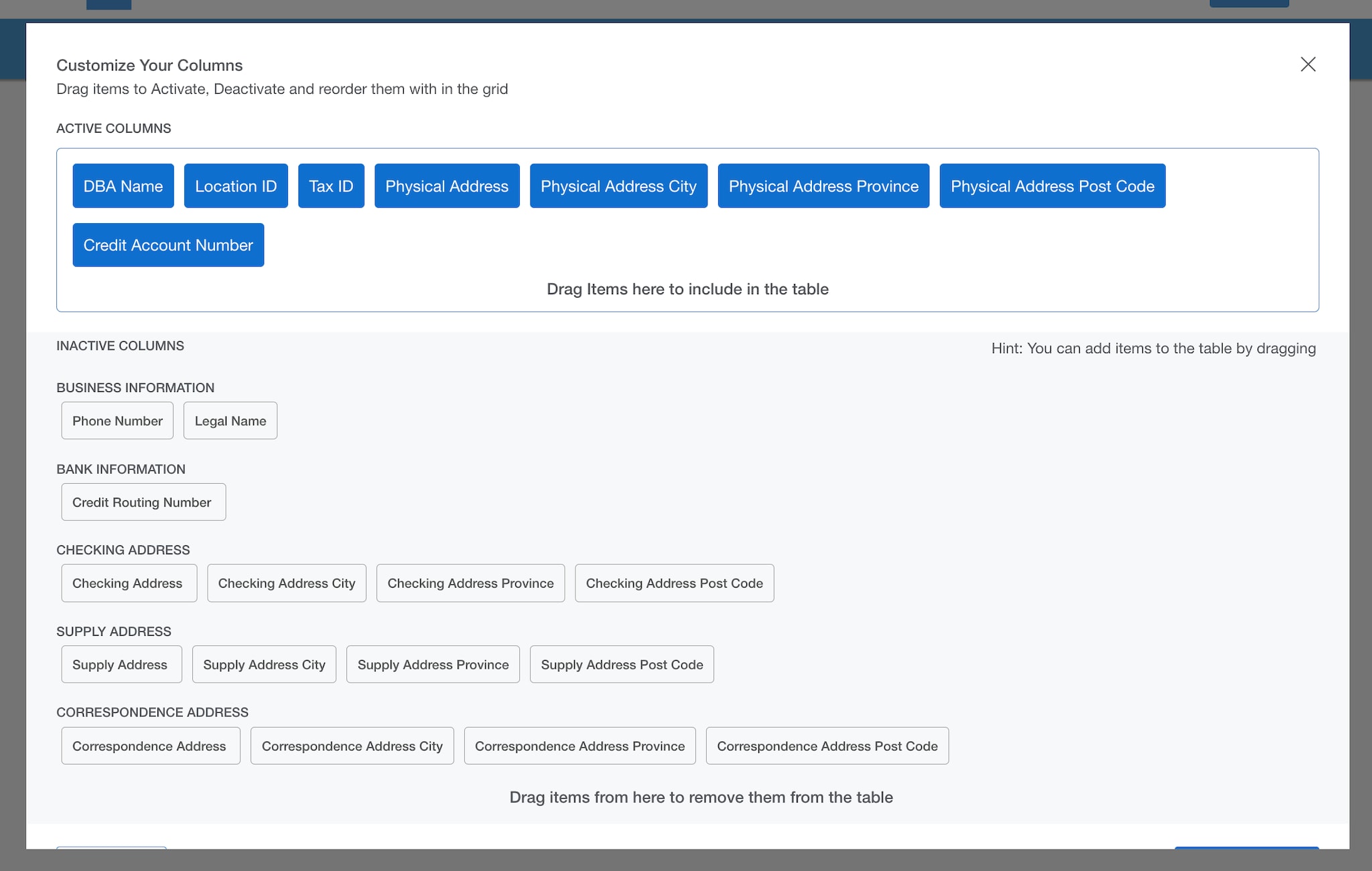 Screenshot of column customization options
