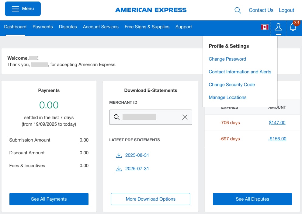 Screenshot of Dashboard and User Profile Dropdown to get to Change Password