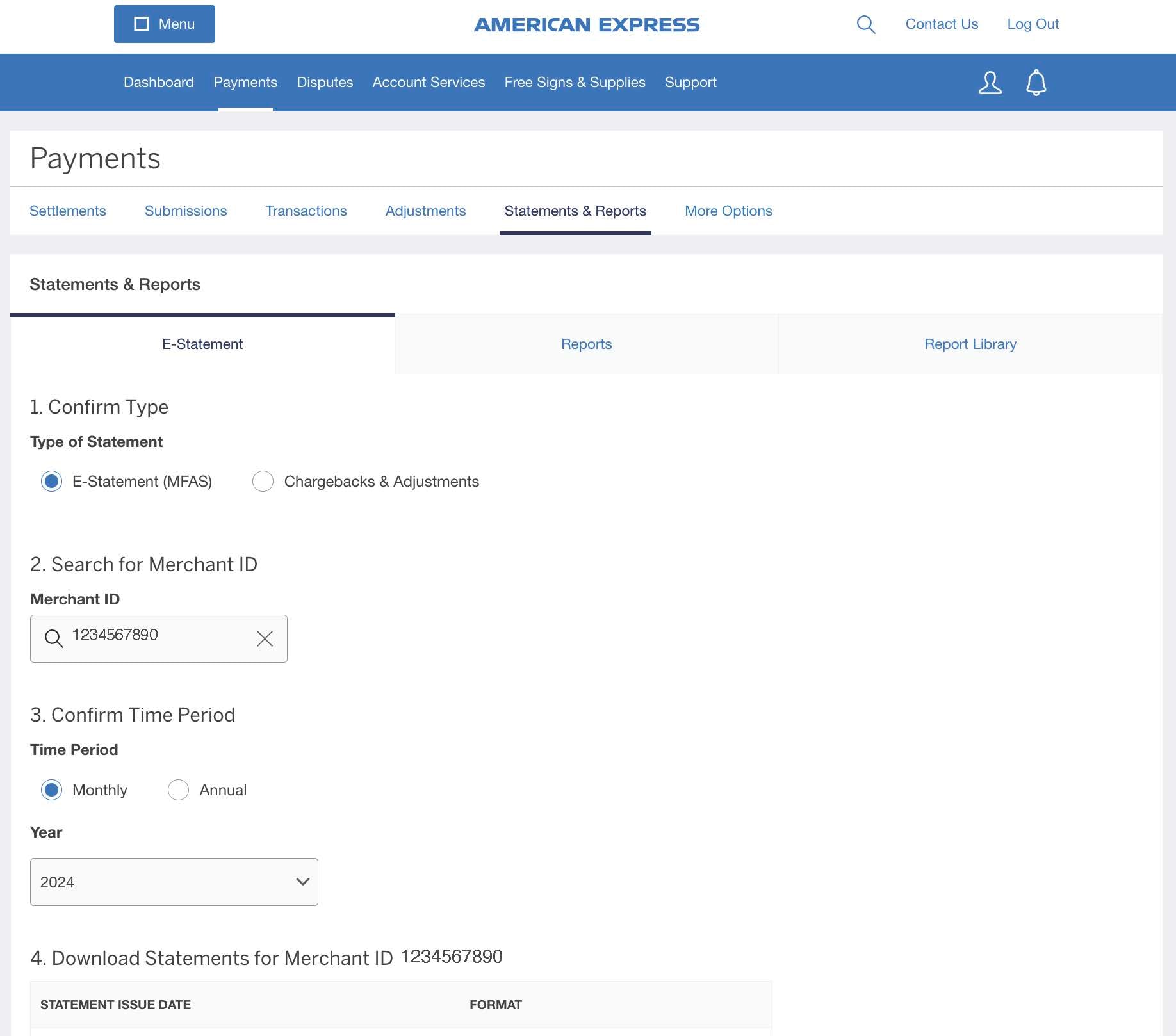 Screenshot of options for downloading E-Statements