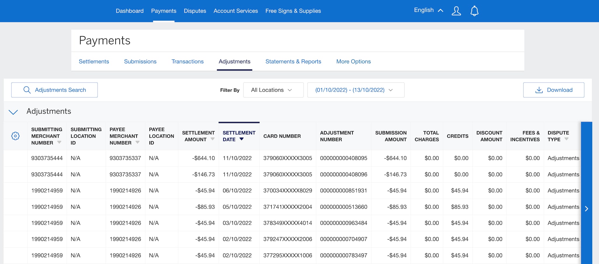 Screenshot of adjustments and chargeback data