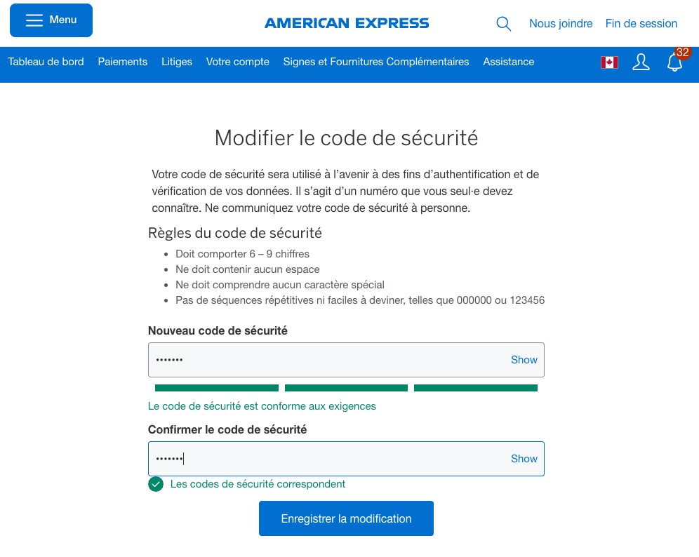 Screenshot of Change Security Code page and input screen for new security code