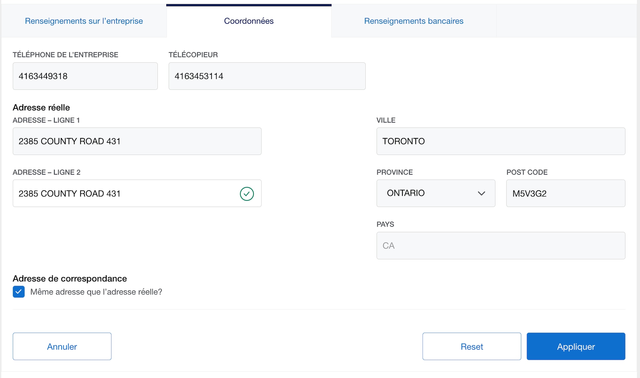 Screenshot of updating Contact Information