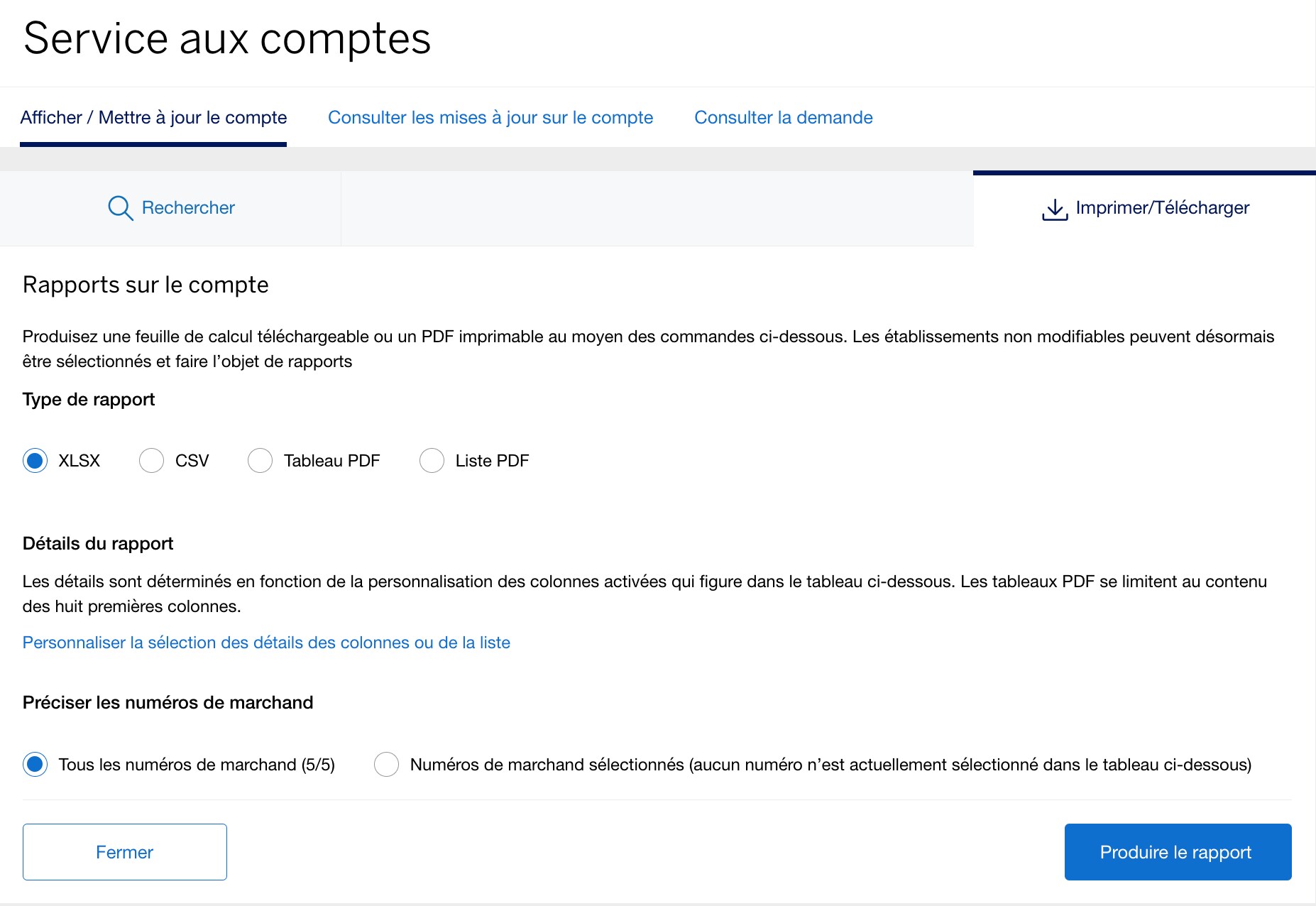 Screenshot of option to print or download account reports