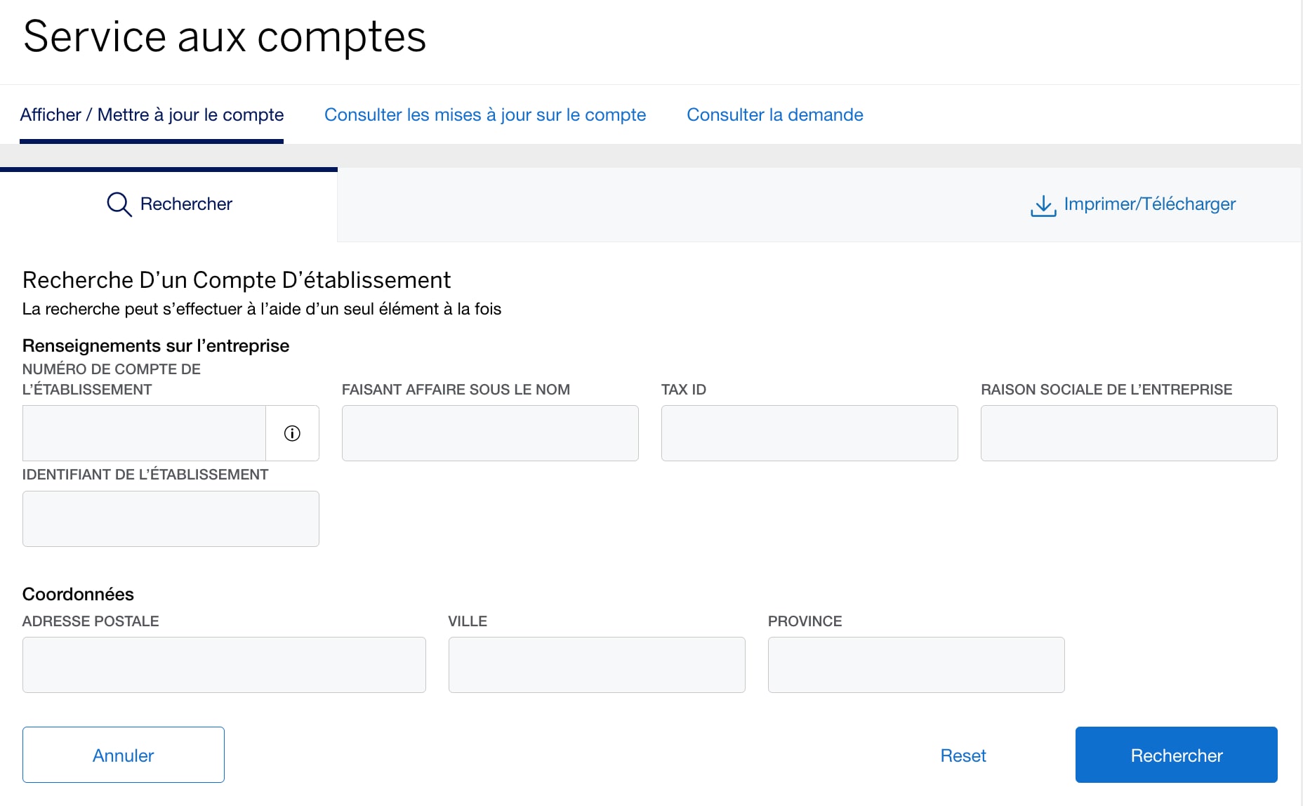 Screenshot of searching for account information